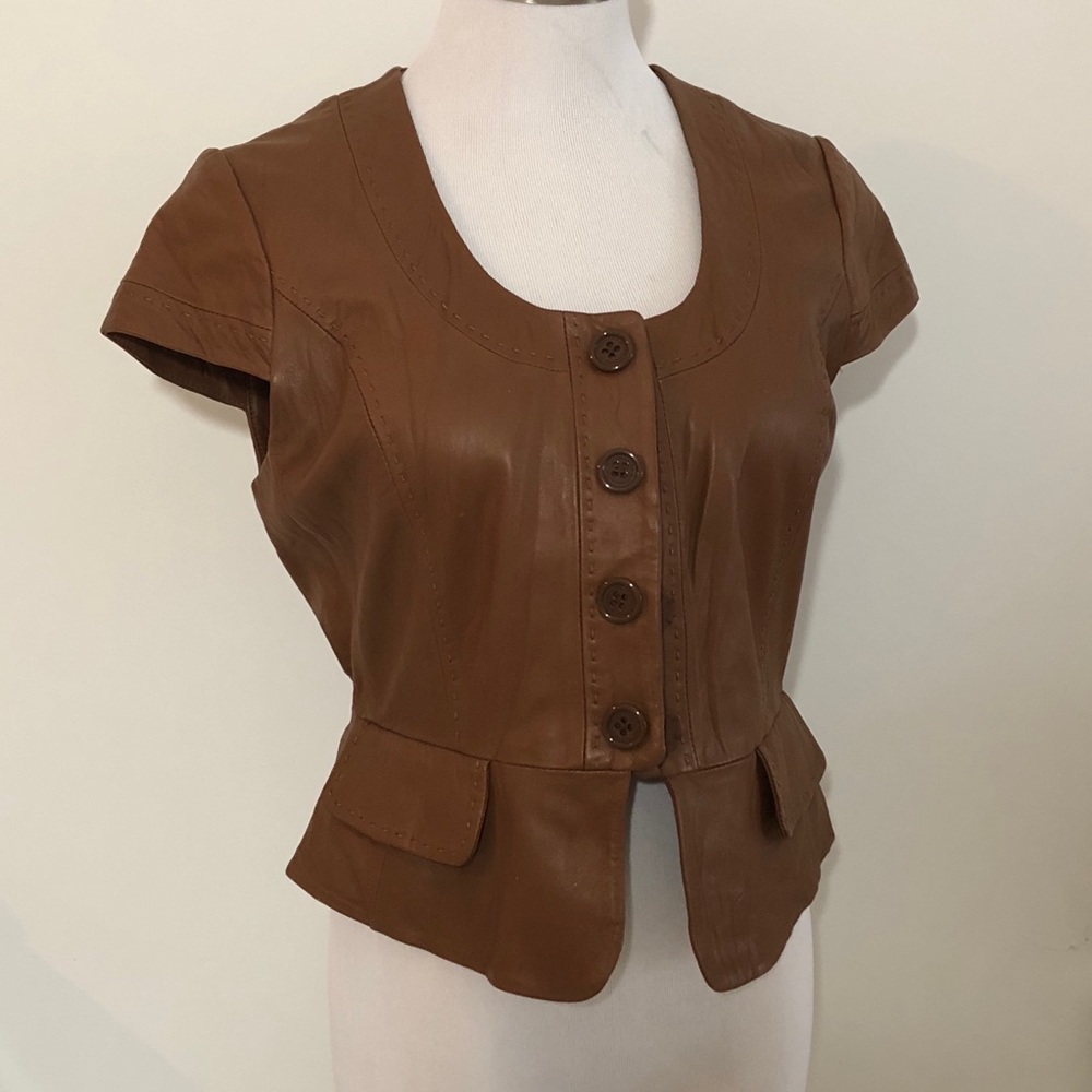 BCBG MAXAZRIA BROWN SHORT SLEEVE LEATHER JACKET